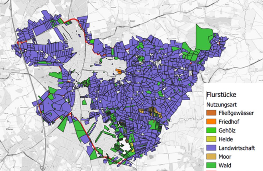Landkarte von Henstedt-Ulzburg mit eingezeichneten Flurstücken und Biomasse-Potenzielen