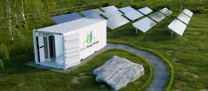 3D Visualisierung eines Batteriespeichers vor Solarfeld