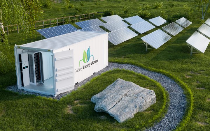 3D Visualisierung eines Batteriespeichers vor Solarfeld