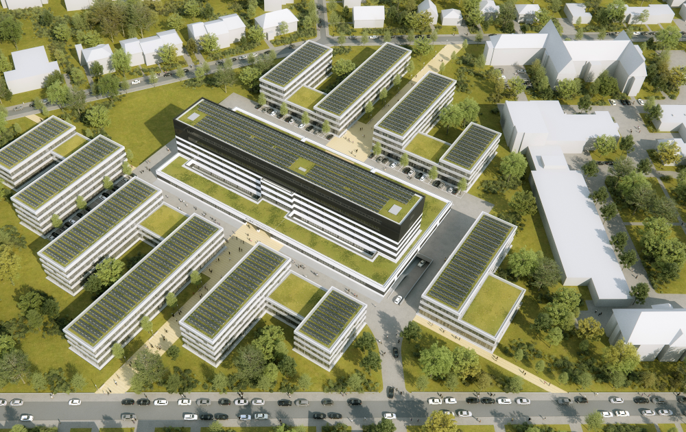 Aufsicht des FUBIC-Gebäudes in 3D. Dach mit PV-Panelen.