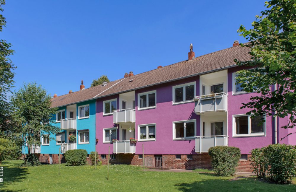 Die Häuser der Eichkampsiedlung in Gelsenkirchen gelten als typisch für urbane Wohnquartiere. Als Teil des Future-IQ Projekts dienen sie als Blaupause für die Wärmewende in Bestandsquartieren. © LEG