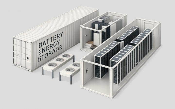 3D Visualisierung eines Großbatteriespeichers von innen