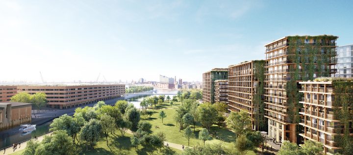 Visualisierung des neuen Hamburger Stadtteils Grasbrook mit moderner Bebauung und Grünflächen