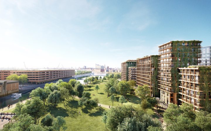 Visualisierung des neuen Hamburger Stadtteils Grasbrook mit moderner Bebauung und Grünflächen